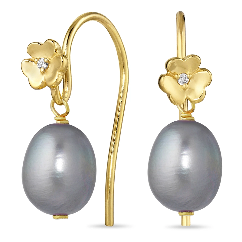 Blumen grauem Perle Ohrringe in vergoldetem Sterlingsilber - Perlenschmuck - Schmuckstücke mit Perlen - Schnelle Lieferung
