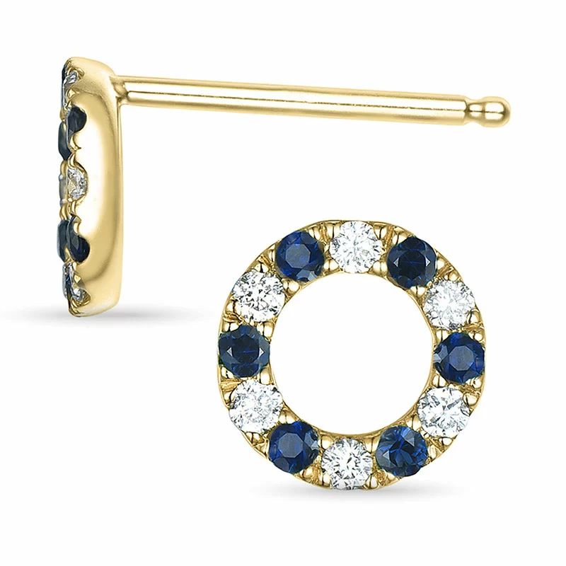 runden Saphir Ohrstecker in 14 Karat Gold mit Saphir und Diamant - Saphir Ohrringe - Verwöhnen Sie sich mit modernen Ohrringen