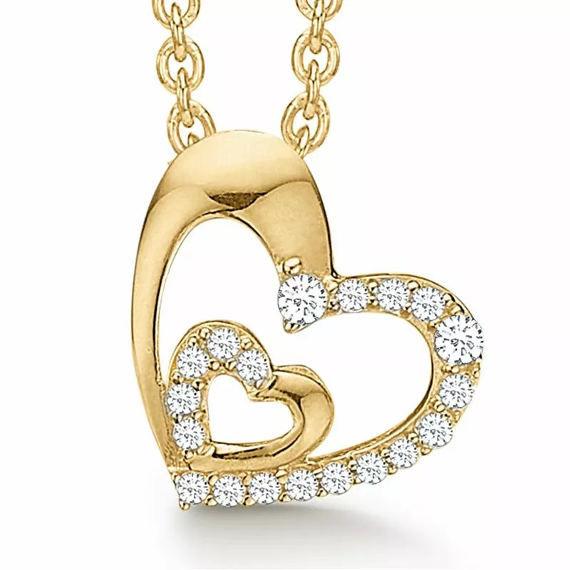 Støvring Design Herz Anhänger mit Halskette in 8 Karat Gold mit Vergoldete Silberhalskette weißem Zirkon - Herzanhänger - Schöne Herz Anhänger in 