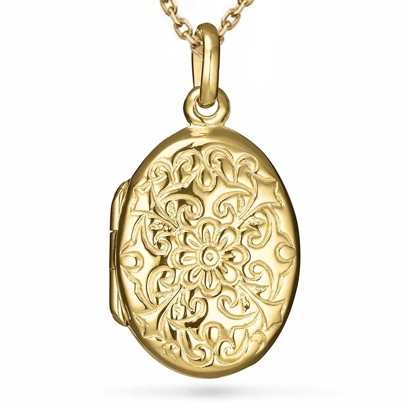 ovaler Blumen Halskette aus vergoldetem Sterlingsilber und Medaillon aus vergoldetem Sterlingsilber - Blumenanhänger - Hübsche Anhänger mit Blumen - 