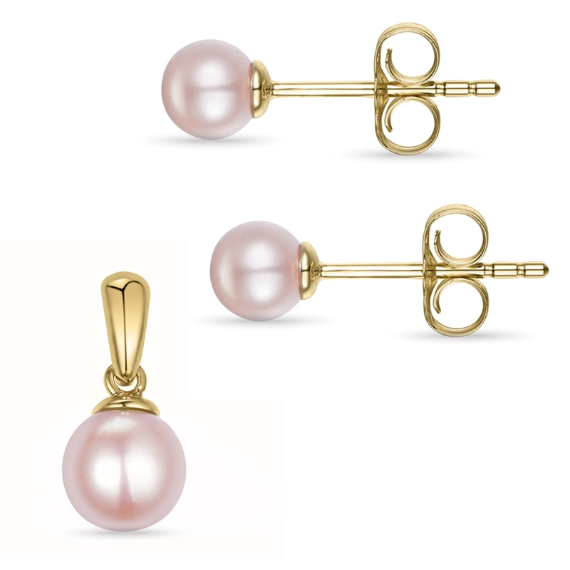 altrosa Perle Set mit Ohrringe und Anhänger in 14 Karat Gold - Pinke Ohrringe - Tolle Ohrringe in Pink für Sie