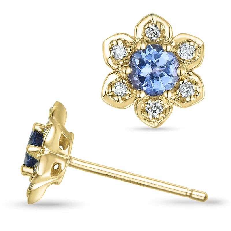 Blumen Tansanit Brillantohrringen in 9 Karat Gold mit Tansanit und Diamant - Weiße Diamant Ohrringe