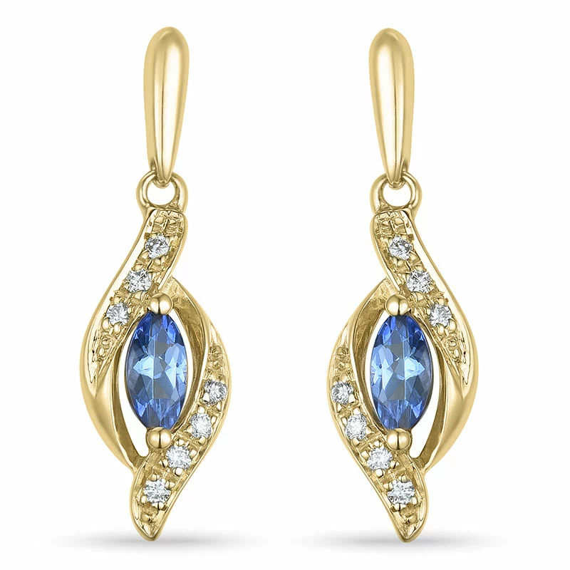 lange Tansanit Brillantohrringen in 9 Karat Gold mit Tansanit und Diamant - Weiße Diamant Ohrringe