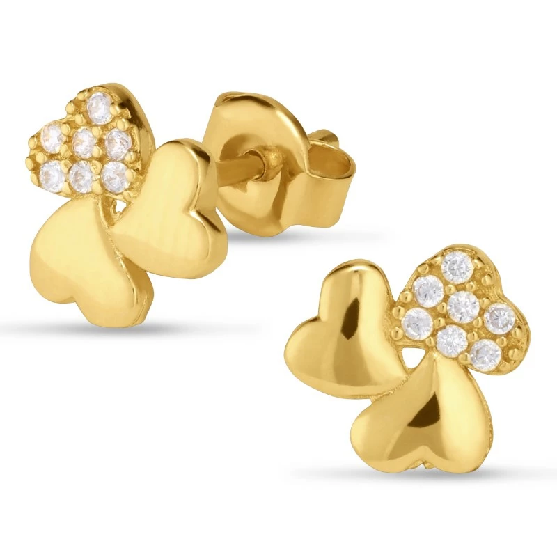 Dreiblättriges Kleeblatt Ohrringe in 9 Karat Gold mit Zirkon - Gold Collection - Eckig Ohrringe