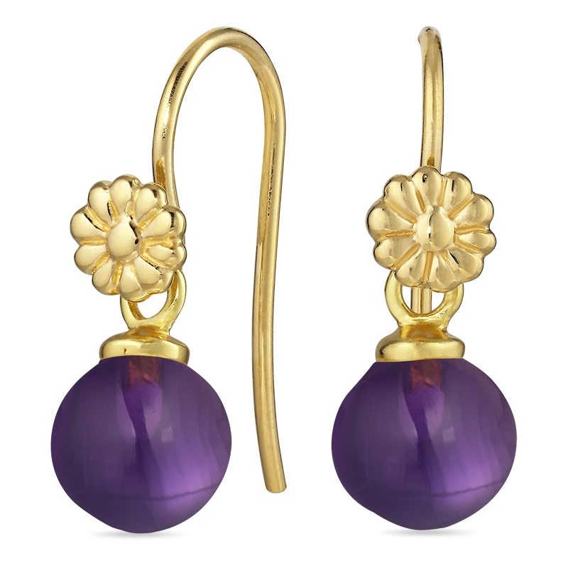 Blumen violettem Bergkristall Ohrhaken in vergoldetem Silber - Rund Ohrringe - Schöne Runder Ohrringe in modernen Designs