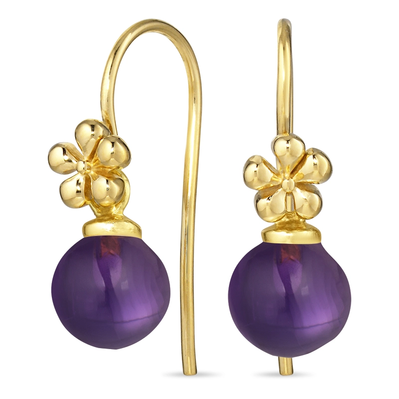 Blumen violettem Bergkristall Ohrhaken in vergoldetem Silber - Rund Ohrringe - Schöne Runder Ohrringe in modernen Designs