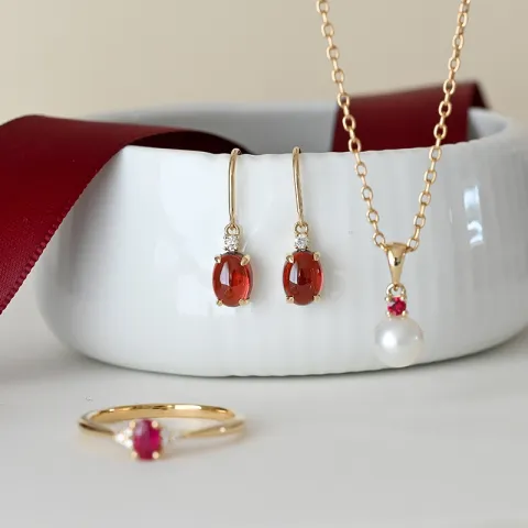 ovalen Granat Diamantohrringe in 14 Karat Gold mit Granat und Diamant