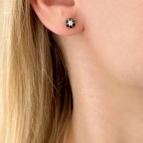 Blumen schwarzem Diamant Ohrstecker in 14 Karat Gold mit Diamant und schwarz Diamant