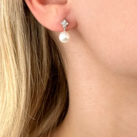 Blumen Perle Diamantohrringe in 14 Karat Weißgold mit Diamant
