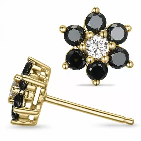 Blumen schwarzem Diamant Ohrringe in 14 Karat Gold mit Diamant und schwarz Diamant 