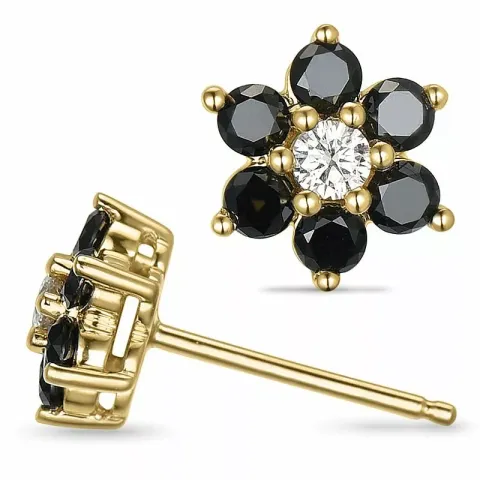 Blumen schwarzem Diamant Ohrringe in 14 Karat Gold mit Diamant und schwarz Diamant