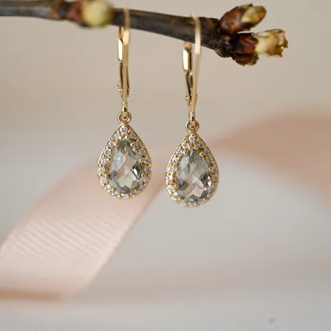 Tropfen grünem Amethyst Diamantohrringe in 14 Karat Gold mit Diamant und Amethyst