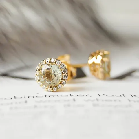 runden grünen Amethyst Diamantohrringe in 14 Karat Gold mit Diamant und Amethyst