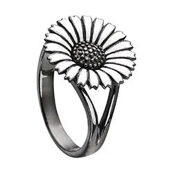 15 mm Kranz und Ziegler Marguerite Ring in schwarzes rhodiniertes Silber weißem Emaille