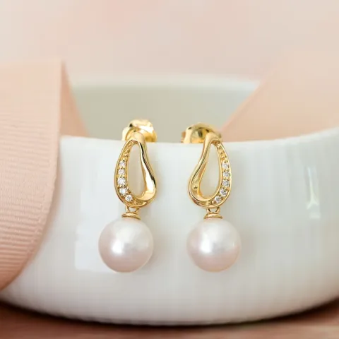 lange Perle Brillantohrringen in 14 Karat Gold mit Diamant