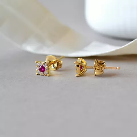 Rubin Brillantohrringen in 14 Karat Gold mit Rubin und Diamant 