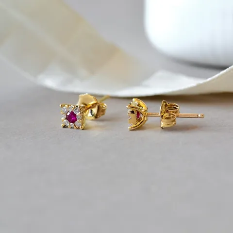 Rubin Brillantohrringen in 14 Karat Gold mit Rubin und Diamant