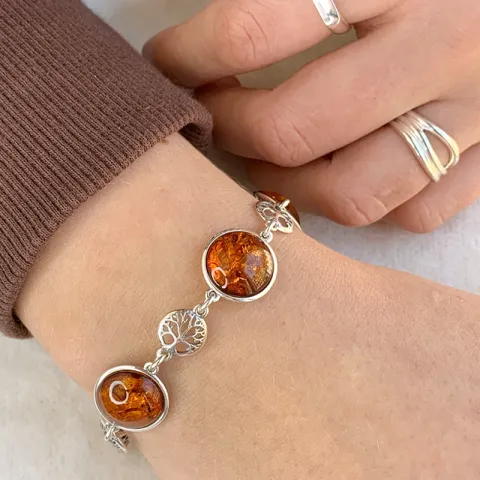 Runder lebensbaum bernstein armband aus silber