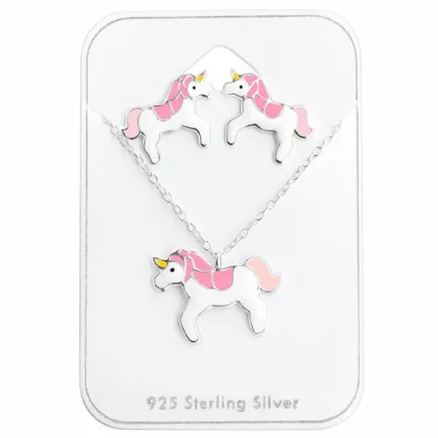 einhorn Set mit Ohrringe und Halskette in Silber weißem Emaille pink Emaille gelbem Emaille schwarz Emaille