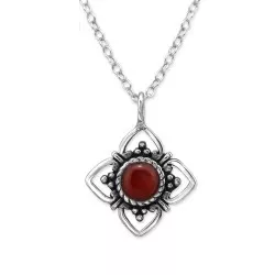 Rotem Onyx Halskette mit Anhänger aus Silber und Blumenanhänger aus oxidiertem Sterlingsilber