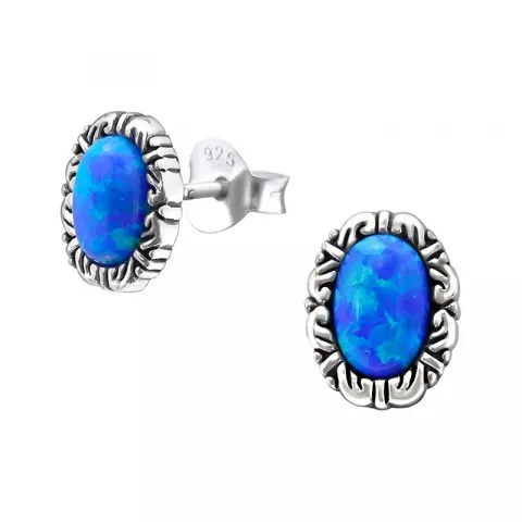 Ovalen blauem Opal Ohrringe in oxidiertem Sterlingsilber