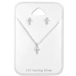 Kreuz Bergkristall Set mit Ohrringe und Halskette in Silber
