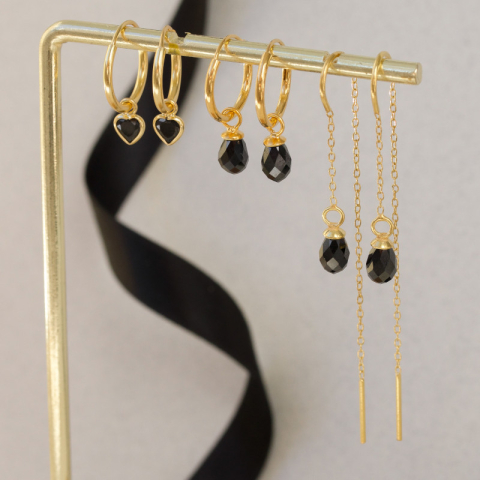 12 mm schwarzem Zirkon Kreole in vergoldetem Silber - Loom Stones