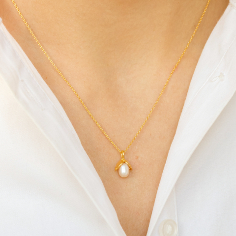 Blatt Perle Halskette aus vergoldetem Sterlingsilber