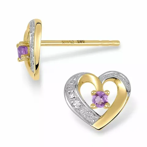 Herz Ohrringe in 9 Karat Gold mit Rhodium mit Zirkon und Amethyst