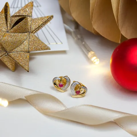 Herz Ohrringe in 9 Karat Gold mit Rhodium mit Zirkon und Rubin