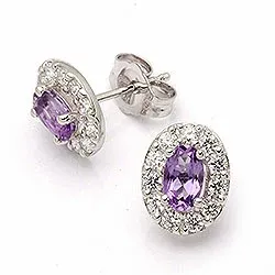 Ovalen Ohrringe in 9 Karat Weißgold mit Amethysten und Zirkonen