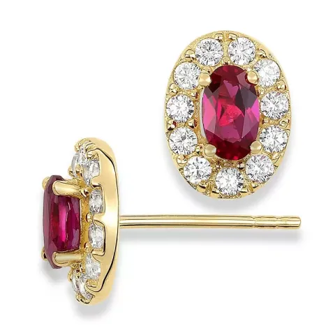 Ovalen Ohrringe in 9 Karat Gold mit synthetischen Rubinen und Zirkonen
