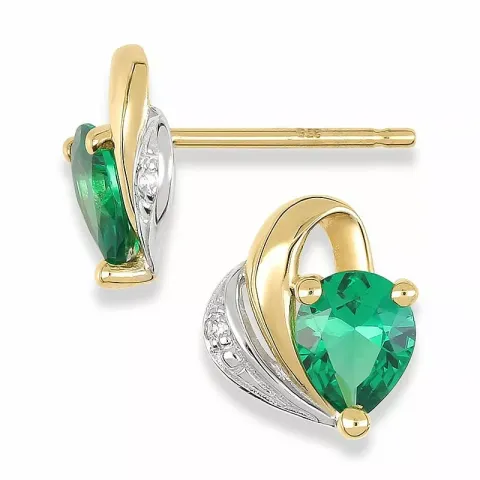 Herz Ohrringe in 9 Karat Gold und Weißgold mit Synthetischer Smaragd und Zirkonen