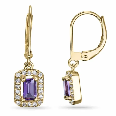 viereckigem lange Amethyst Ohrringe in 14 Karat Gold mit Diamant und Amethyst 