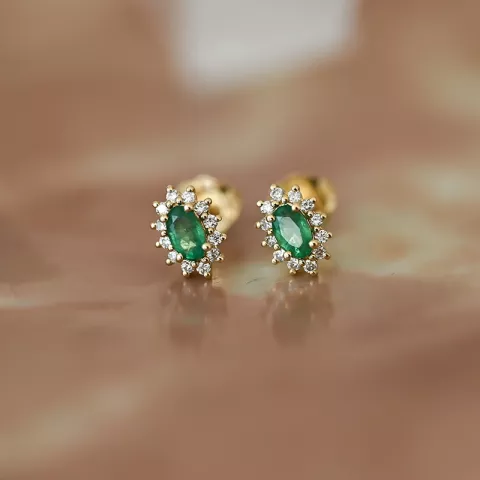 Smaragd Rosettenohrstecker in 14 Karat Gold mit Diamant und Smaragd 
