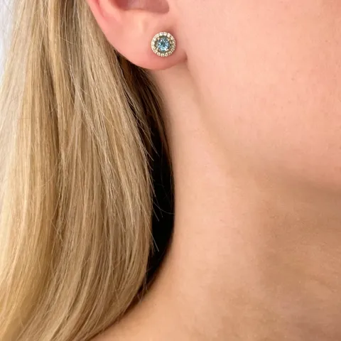 runden Blautopas Ohrstecker in 14 Karat Gold mit Diamant und Topas