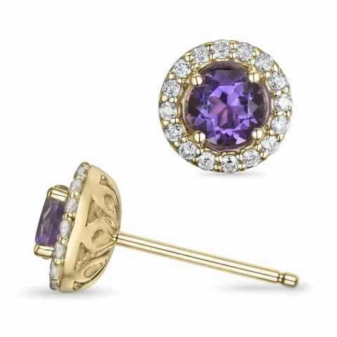 runden Amethyst Ohrstecker in 14 Karat Gold mit Diamant und Amethyst 