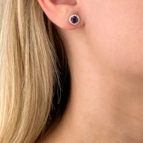 runden Amethyst Ohrstecker in 14 Karat Gold mit Diamant und Amethyst