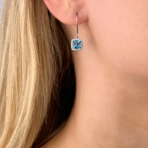 lange Blautopas Ohrringe in 14 Karat Weißgold mit Diamant und Topas