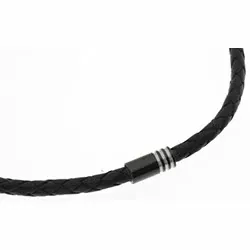 Geflochtenes Halskette aus schwarz Leder mit Stahl  x 4,4 mm