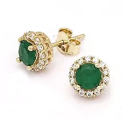 Runden Goldohrstecker in 14 Karat Gold mit Synthetischer Smaragd und Zirkonen