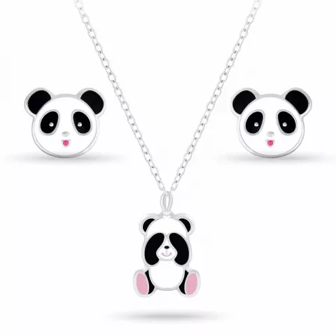 Panda Set mit Ohrringe und Halskette in Silber weißem Emaille schwarz Emaille pink Emaille