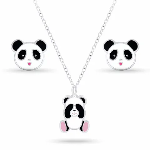 Panda Set mit Ohrringe und Halskette in Silber weißem Emaille schwarz Emaille pink Emaille