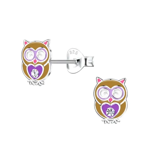 Eule braunen Kinderohrringe in Silber