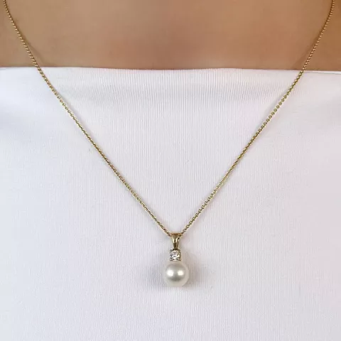 Echten perle diamantanhänger in 14 karat gold 0,10 ct