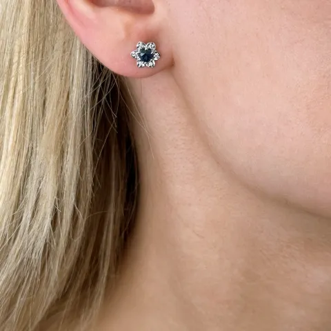 Blumen blauem Saphir Ohrstecker in 14 Karat Weißgold mit Diamanten und Saphiren