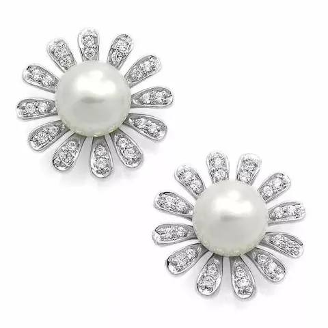 Blumen Perle Brillantohrringen in 14 Karat Weißgold mit Diamanten