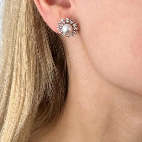Blumen Perle Brillantohrringen in 14 Karat Weißgold mit Diamanten