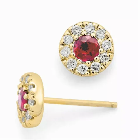 runden Rubin Diamantohrringe in 14 Karat Gold mit Rubin und Diamant
