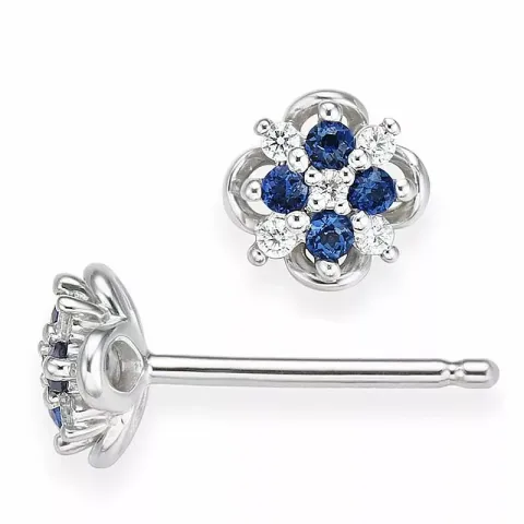 kleinen Blumen blauem Saphir Diamantohrringe in 14 Karat Weißgold mit Diamant und Saphir